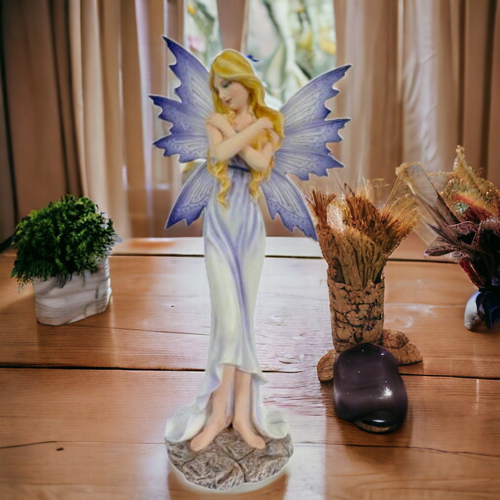 Handcrafted Fairy Statue with Ethereal Blue Wings, Elegant Fantasy Collectible, Mystical Decor, Magical Desk Ornament, Artistic Home Accent-Osiris Craftworks