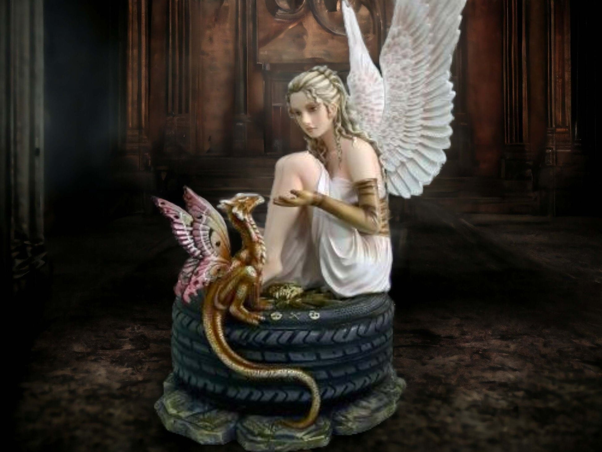 Angelic Gothic Fairy with Dragon Figurine, Mystical Statue Protector Decor, Enigmatic Sculpture, Mythical Companion Piece, Fantasy Art