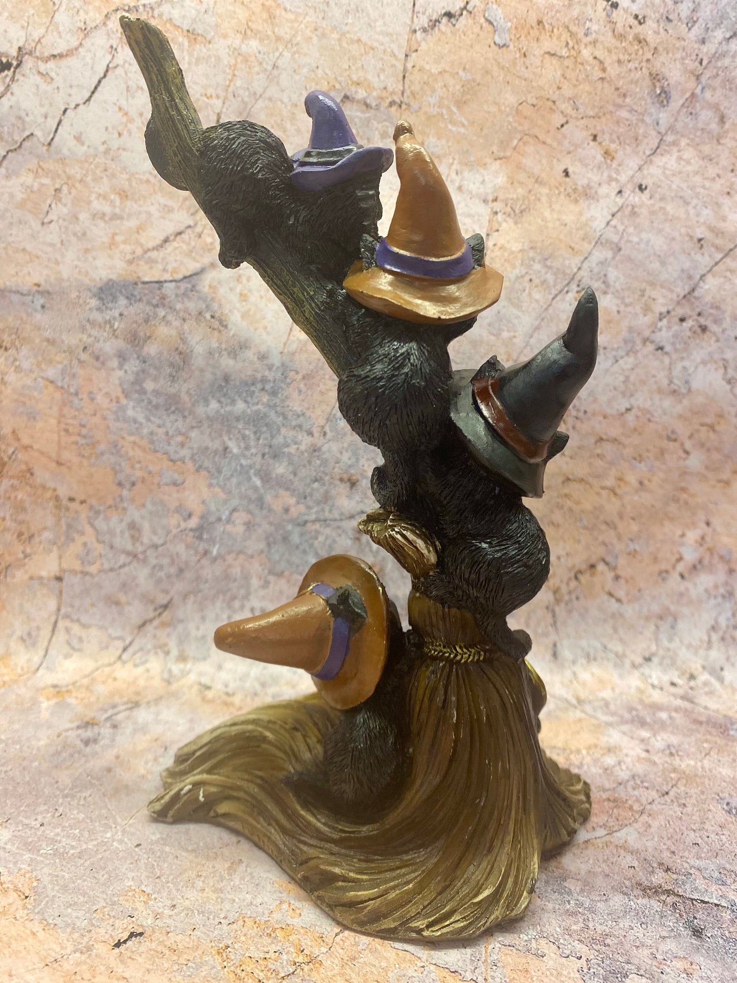 Enchanted Witchy Black Cats on Broomstick, Magical Witch Hat Kittens Figurine, Halloween Decor, Mystical Sorcerer Cats Statue-Osiris Craftworks