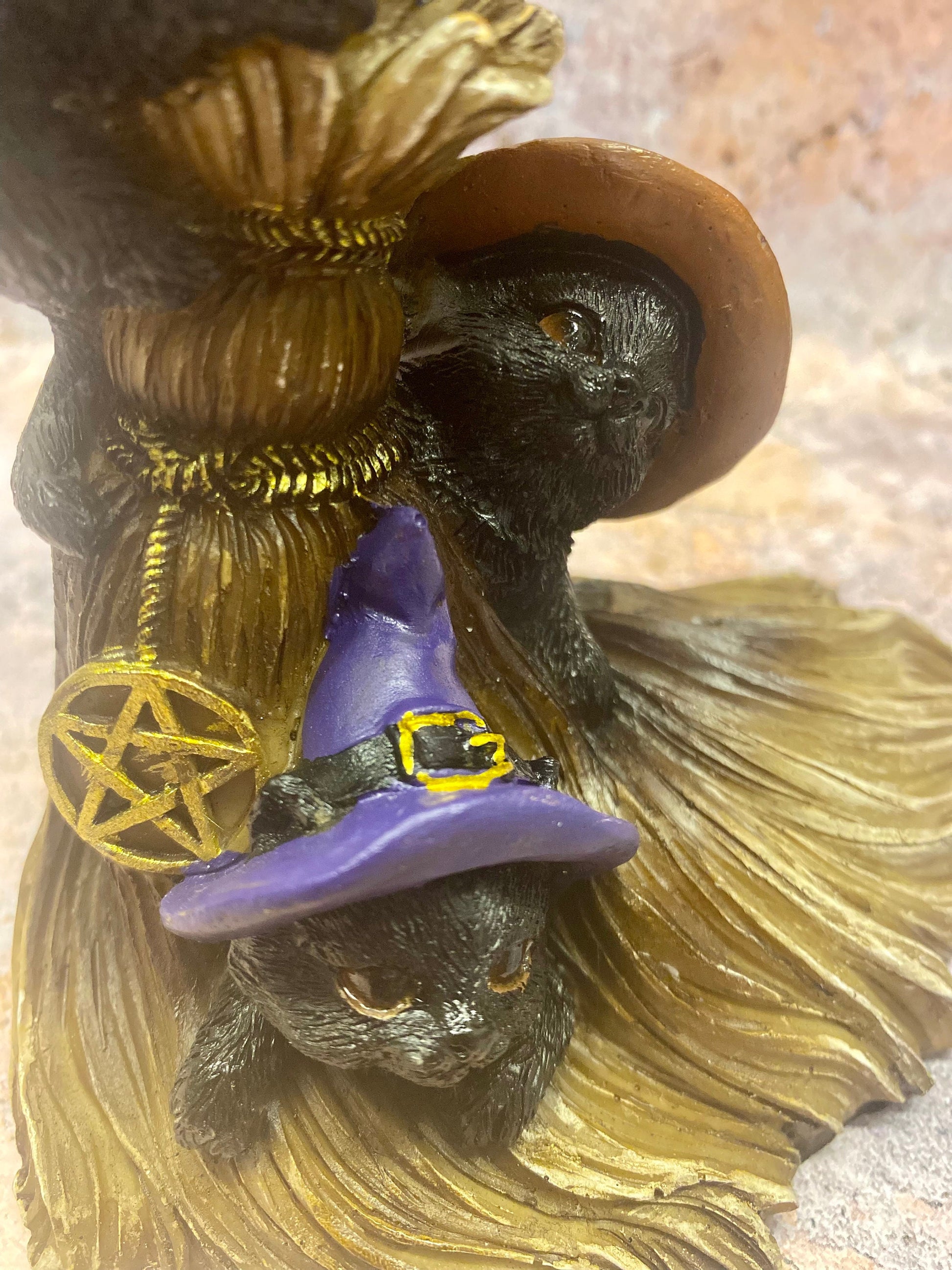 Enchanted Witchy Black Cats on Broomstick, Magical Witch Hat Kittens Figurine, Halloween Decor, Mystical Sorcerer Cats Statue-Osiris Craftworks