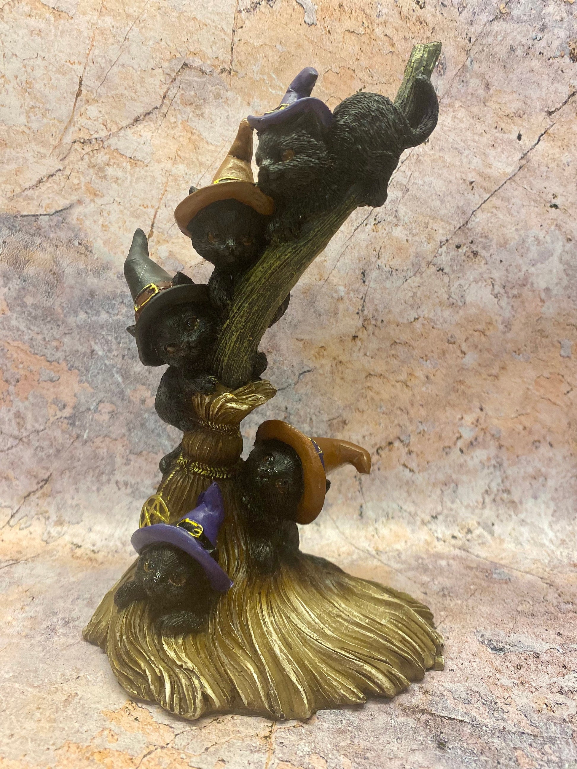 Enchanted Witchy Black Cats on Broomstick, Magical Witch Hat Kittens Figurine, Halloween Decor, Mystical Sorcerer Cats Statue-Osiris Craftworks