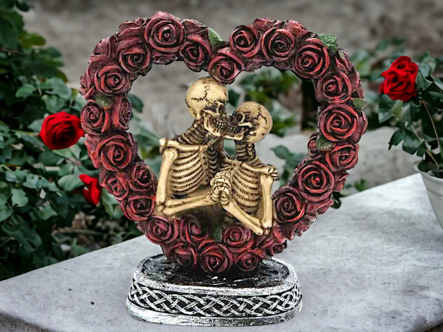 Eternal Love Skeleton Couple in Heart Rose Wreath, Gothic Romantic Figurine, Undying Affection Resin Statue, Love Beyond Life Ornament-Osiris Craftworks