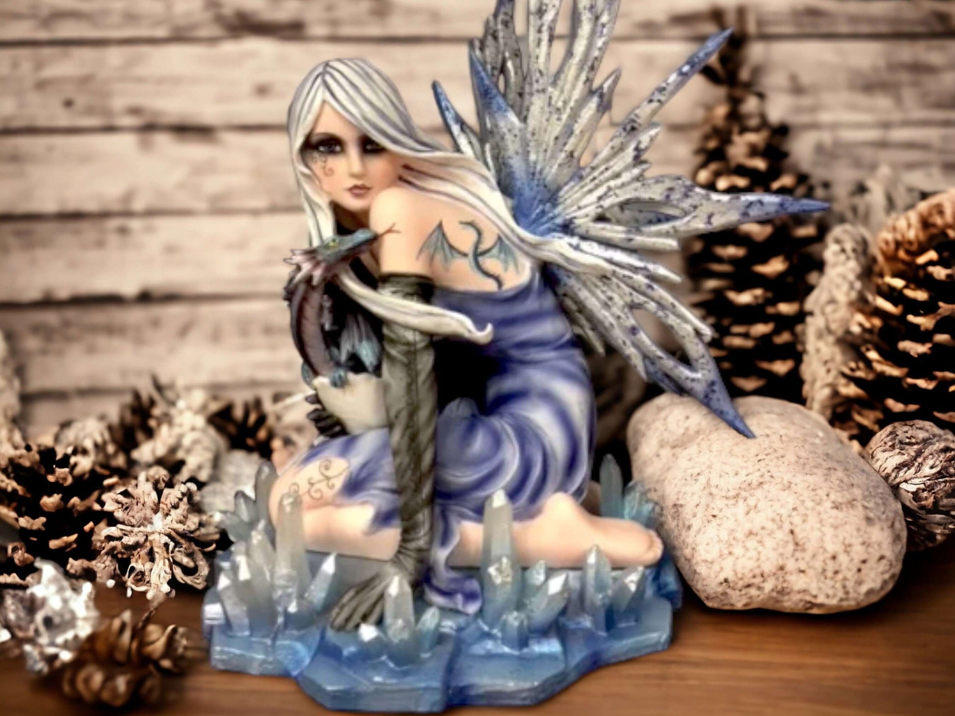 Ice Queen Fairy with Crystal Dragon Statue, Winter Fantasy Sculpture, Mystical Frost Fairy Figurine, Enchanted Dragon Companion Decor-Osiris Craftworks