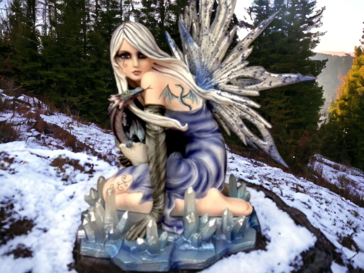 Ice Queen Fairy with Crystal Dragon Statue, Winter Fantasy Sculpture, Mystical Frost Fairy Figurine, Enchanted Dragon Companion Decor-Osiris Craftworks