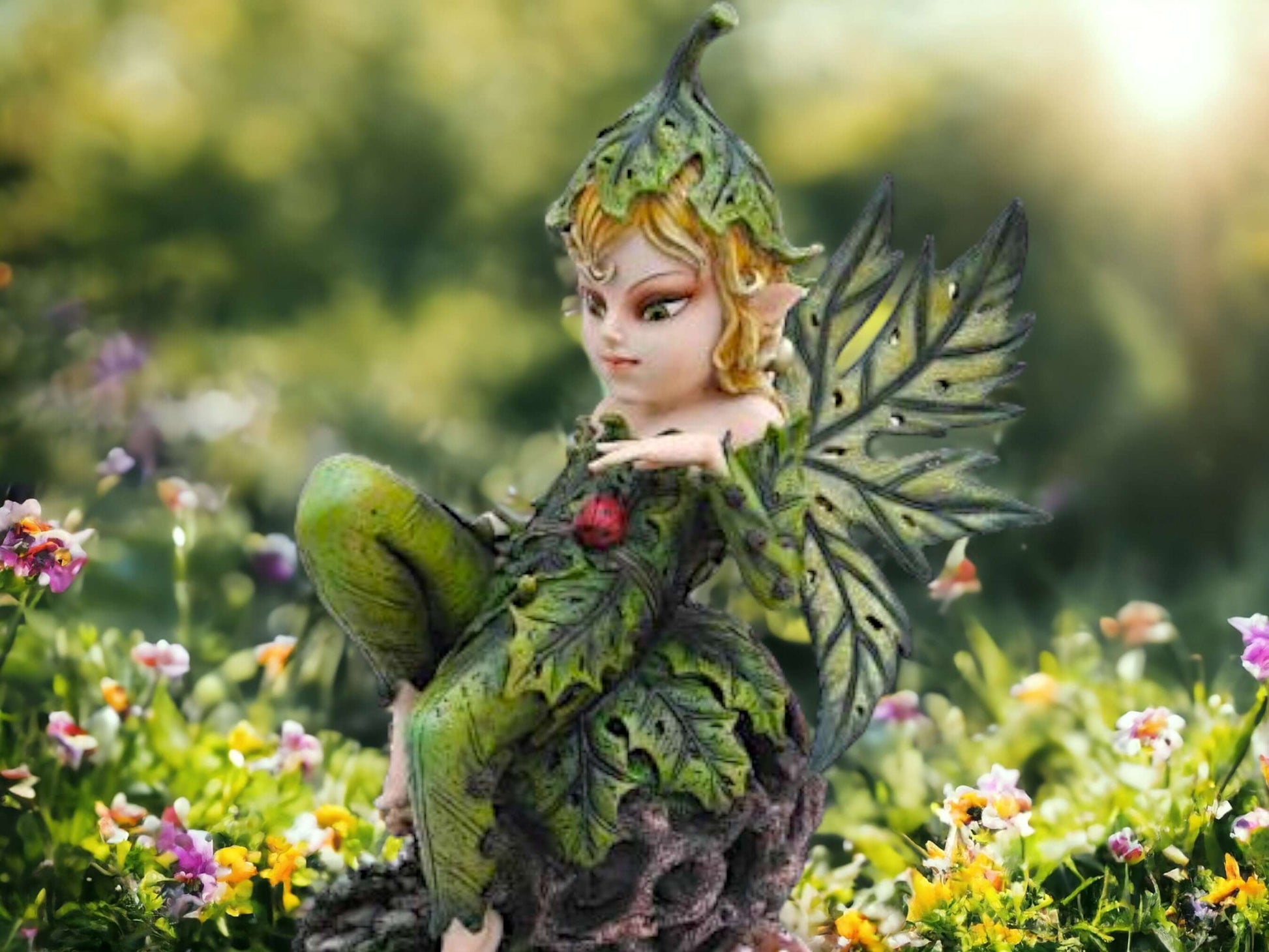 Enchanted Forest Leaf Fairy Statue, Woodland Sprite Figurine, Green Winged Fairy, Captivating Fae Fantasy Art, Whimsical Faerie Sculpture-Osiris Craftworks