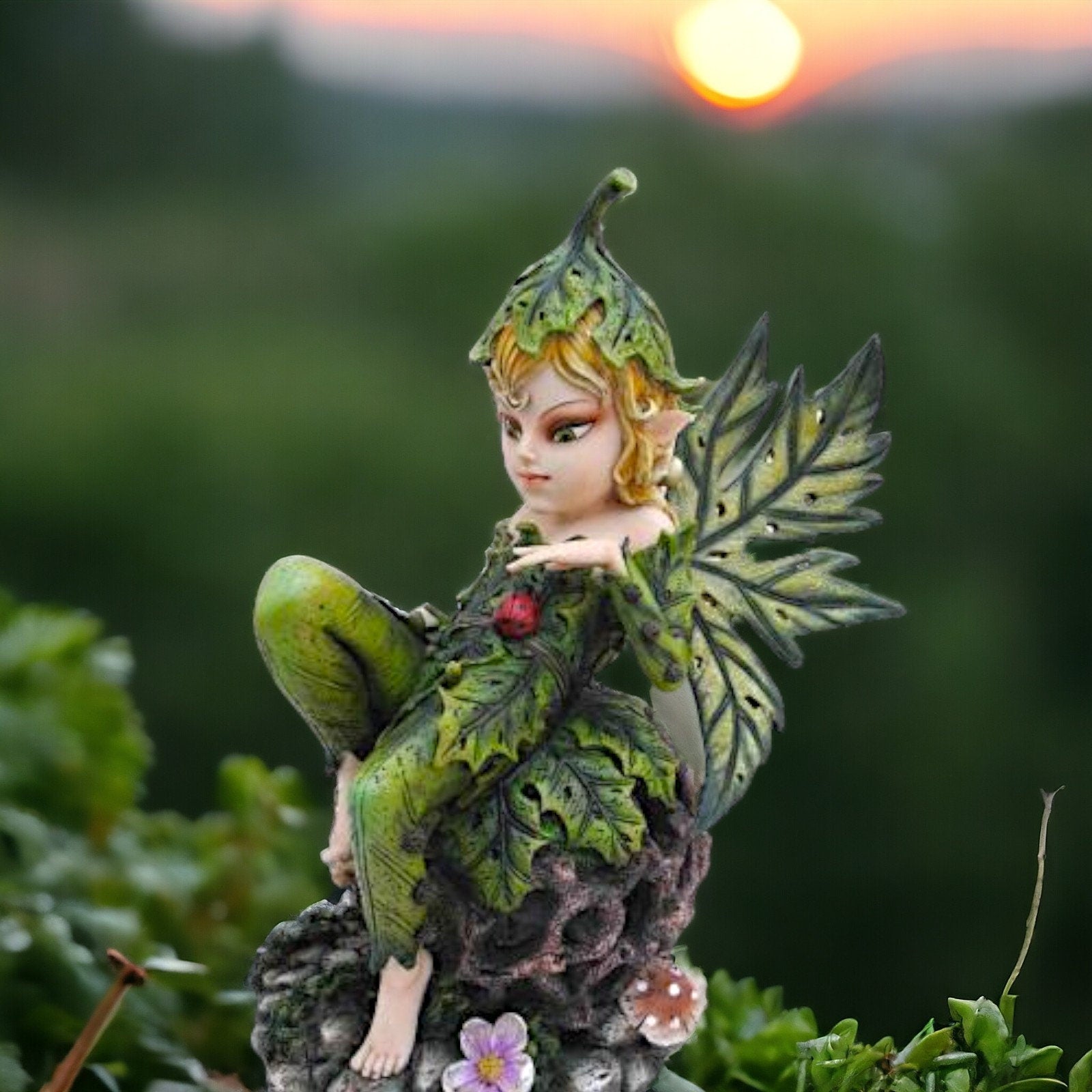 Enchanted Forest Leaf Fairy Statue, Woodland Sprite Figurine, Green Winged Fairy, Captivating Fae Fantasy Art, Whimsical Faerie Sculpture-Osiris Craftworks