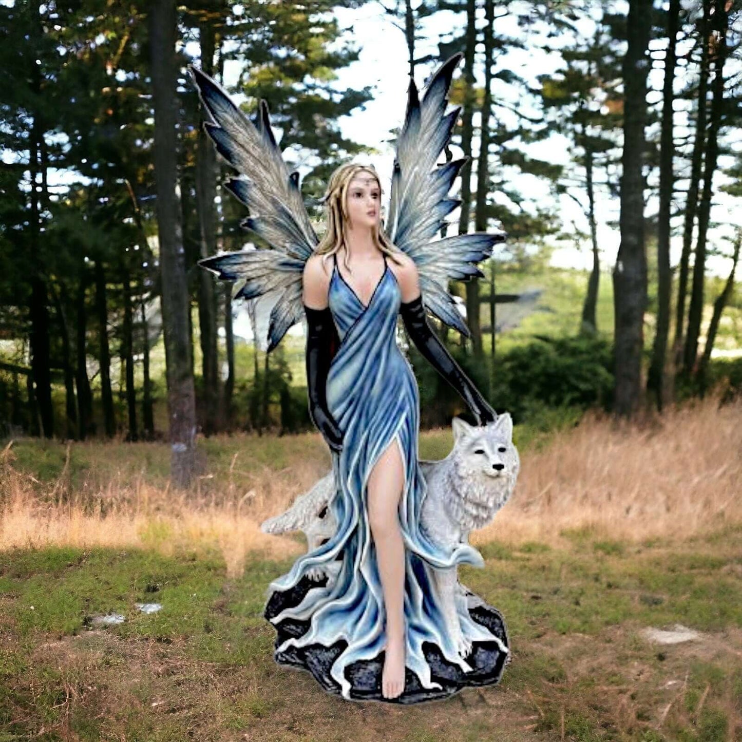 Celestial Wolf Guardian Fairy Statue, Majestic Ice Sculpture, Ethereal Fantasy Decor, Arctic Blue Winged Fae, Mystical Protector Figurine-Osiris Craftworks