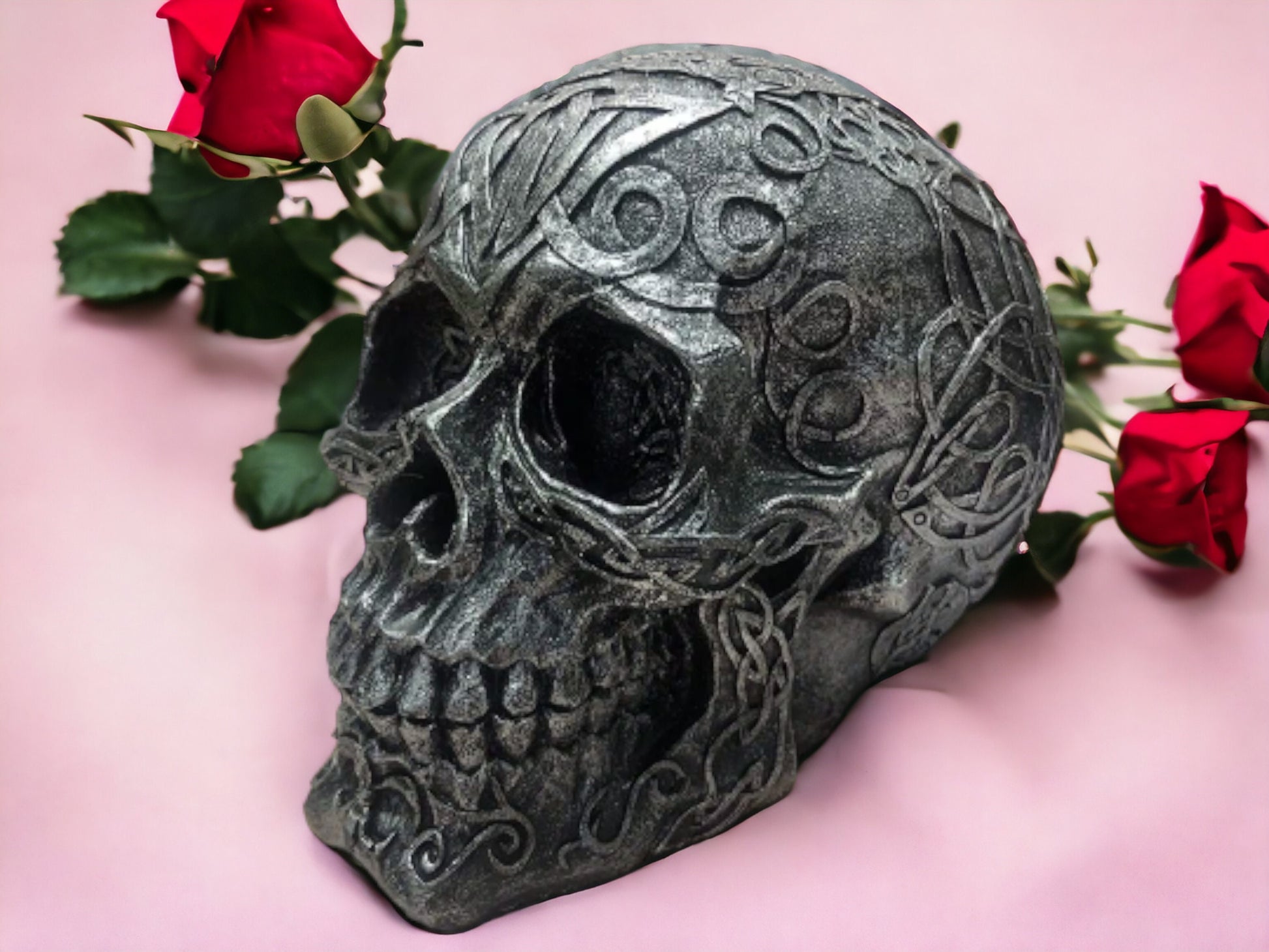 Elegant Celtic Silver Skull Figure: Novelty Gothic Decor for Home or Halloween Display-Osiris Craftworks