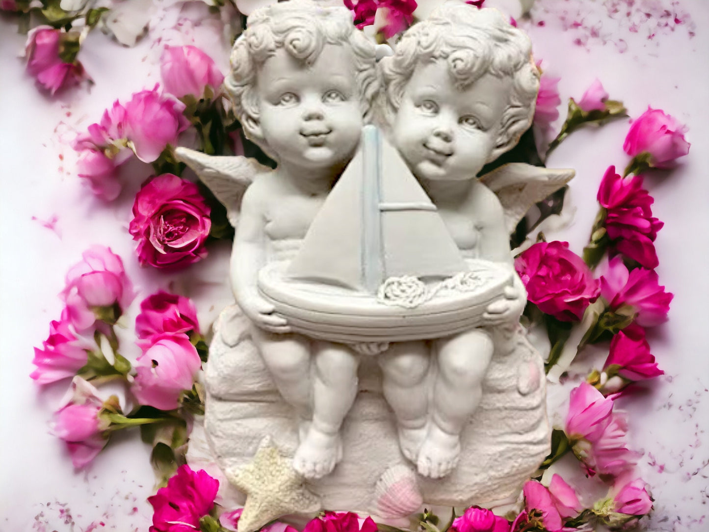 Cherubic Angels with Sailboat Figurine, Nautical Resin Decor, Twin Cherubs Statue, Coastal Nursery Accent, Serene Angelic Whimsical Ornament-Osiris Craftworks