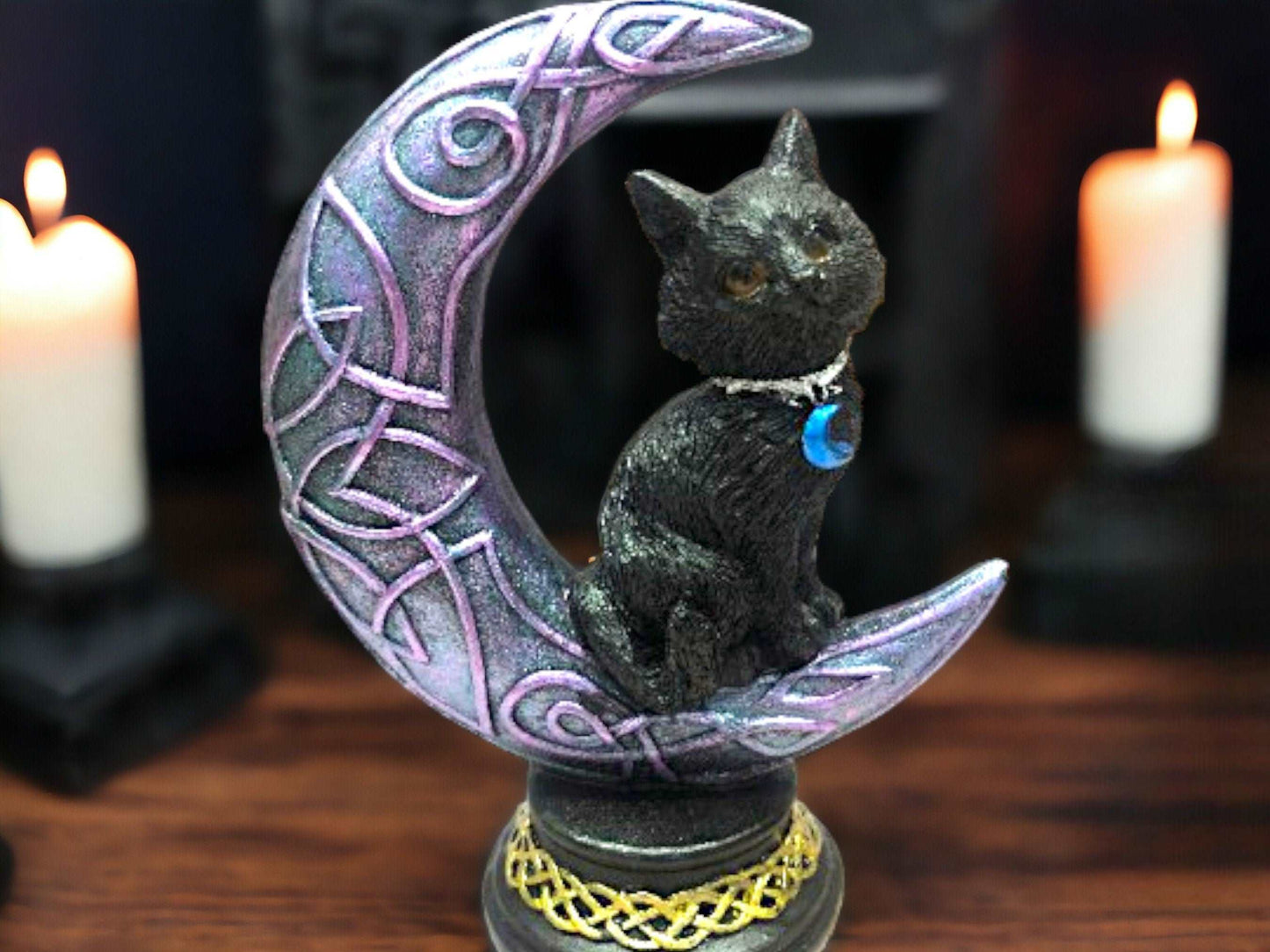 Black Cat on Celtic Moon Figurine, Witches Familiar Sculpture, Wiccan Pagan Decor, Witchcraft Spellcast Ornament, Mystical Art, Magical Gift-Osiris Craftworks