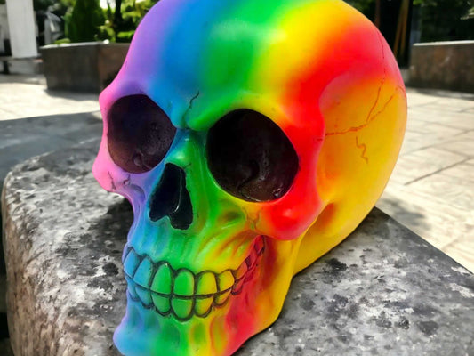 Rainbow Skull Sculpture, Vibrant Gothic Office Shelf Decor Figure, Colourful Ornament, Unique Gift for Art Lovers, Modern Home Accent-Osiris Craftworks