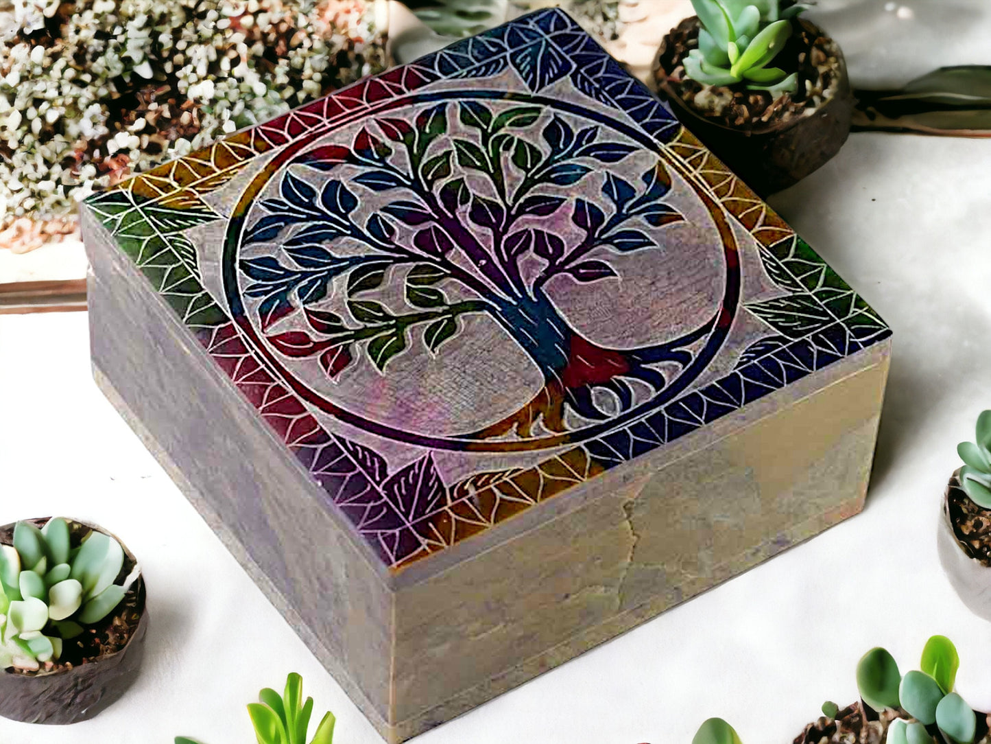 Soapstone Tree of Life Box Altar Decor, Engraved Stone Keepsake, Artisan Crafted Jewellery Trinket Box, Spiritual Home Vibrant Feng Shui Art-Osiris Craftworks