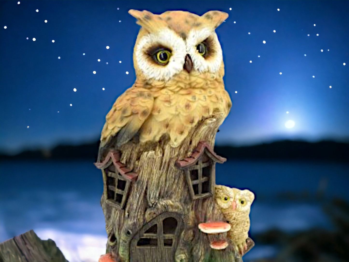 Enchanted Owl House LED Light Statue, Whimsical Owl and Chick Nightlight, Mystical Forest Figurine Home Decor, Magical Illuminated Ornament