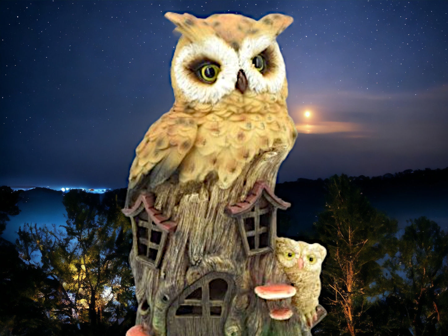 Enchanted Owl House LED Light Statue, Whimsical Owl and Chick Nightlight, Mystical Forest Figurine Home Decor, Magical Illuminated Ornament