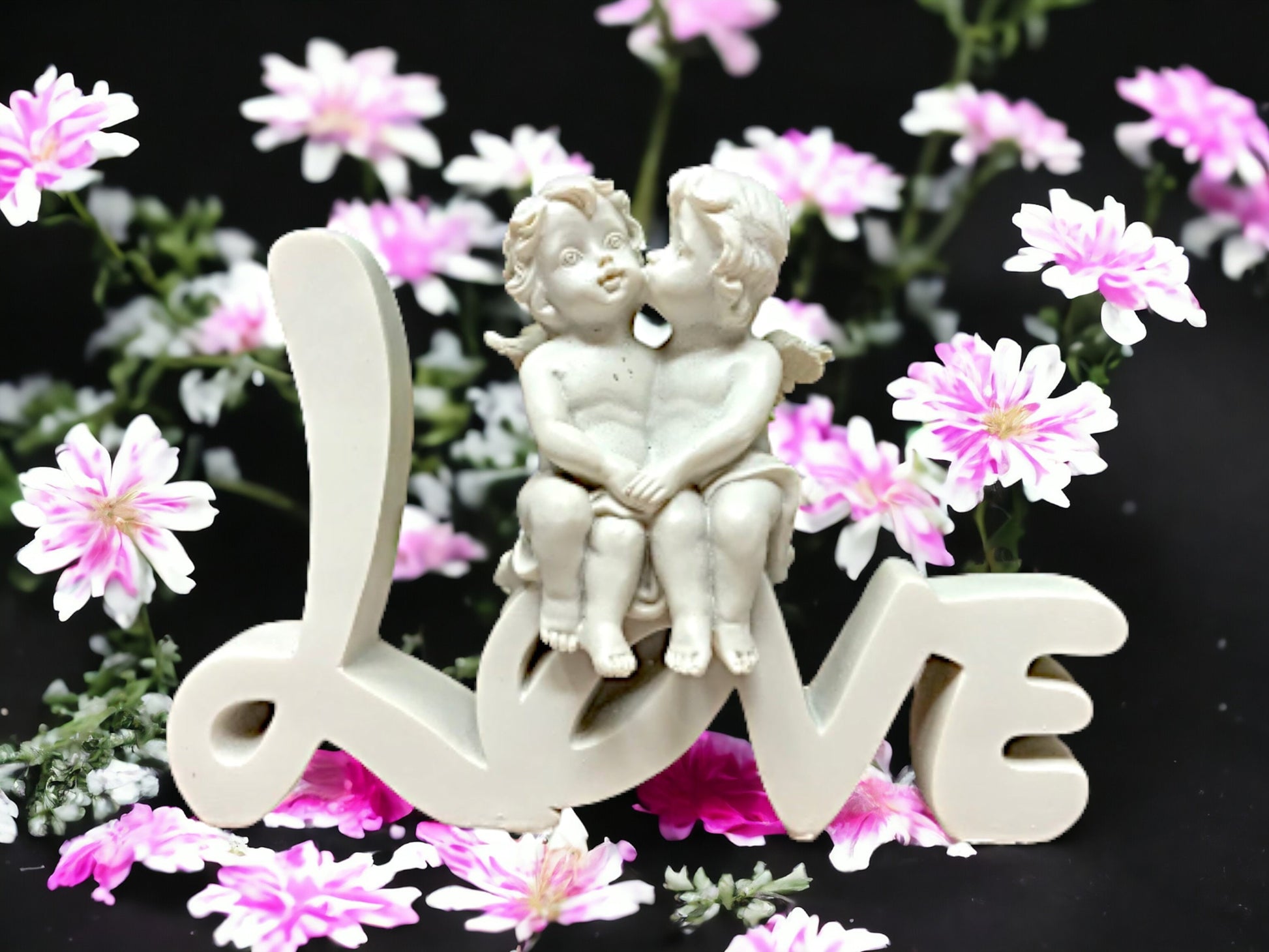 Cherubs on LOVE Word Sculpture, Romantic Figurine, Sweethearts Decor, Love Expression Statue, Heartwarming Couple Gift, Whimsical Love Sign-Osiris Craftworks