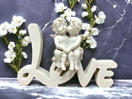 Cherubs on LOVE Word Sculpture, Romantic Figurine, Sweethearts Decor, Love Expression Statue, Heartwarming Couple Gift, Whimsical Love Sign-Osiris Craftworks