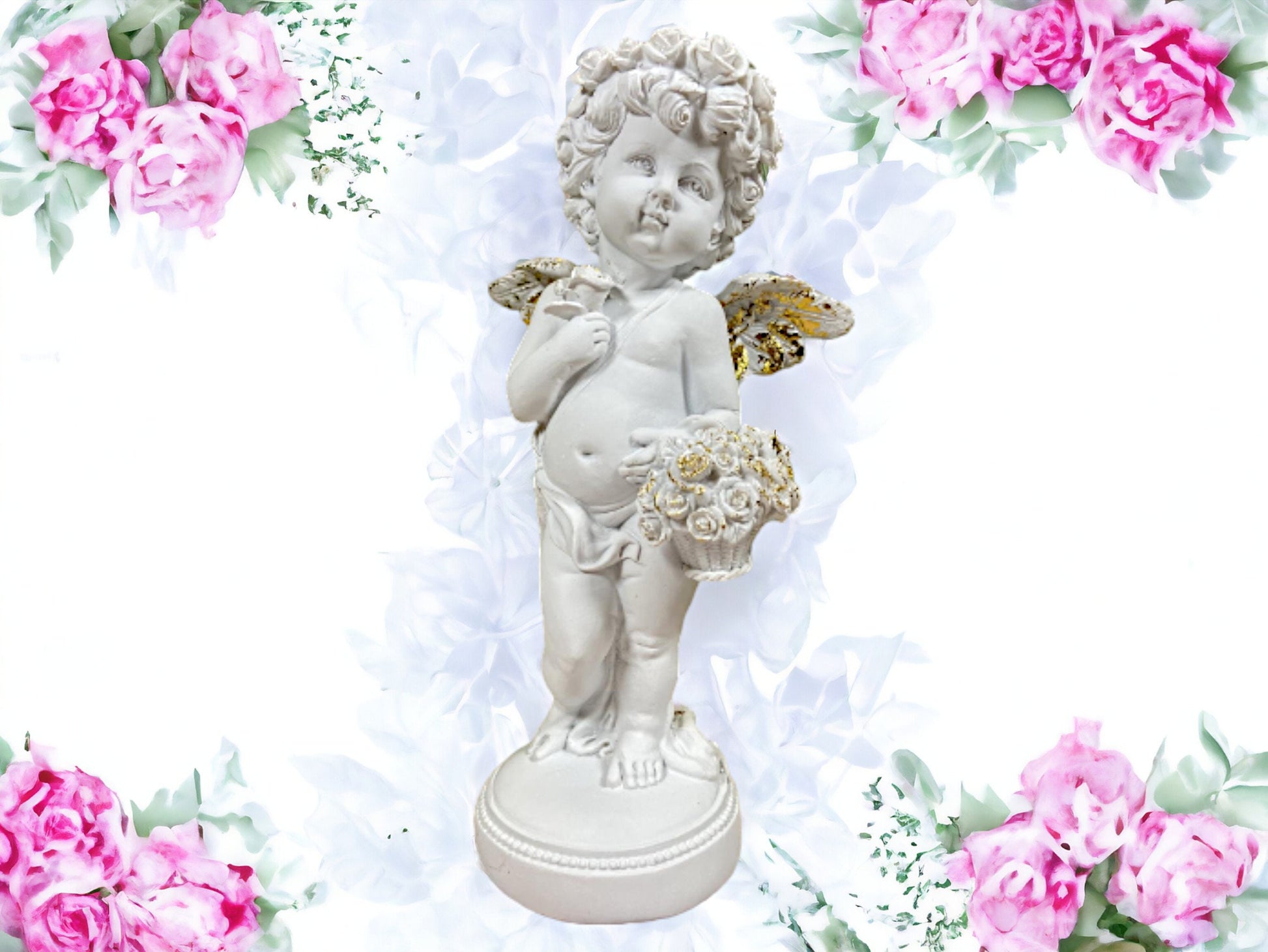 Elegant Cherub with Golden Rose Basket Statue, Artisanal Cherub Sculpture, Heavenly Floral Decor, Angelic Figurine, Unique Handcrafted Gift-Osiris Craftworks