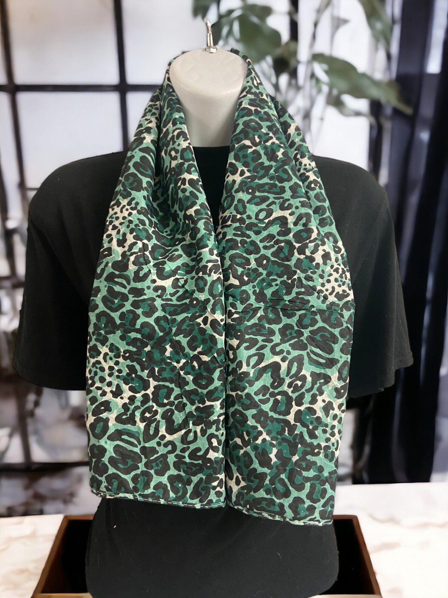 Chic Green Leopard Print Scarf, Trendy Animal Pattern Cotton Wrap, Fashionable Square Scarf, Versatile for All Seasons-Osiris Craftworks