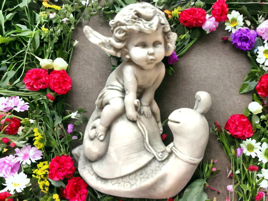 Cherub on Snail Garden Statue, Whimsical Resin Angel Sculpture, Durable Indoor/Outdoor Decor, Charming Graveside Memorial Figurine-Osiris Craftworks