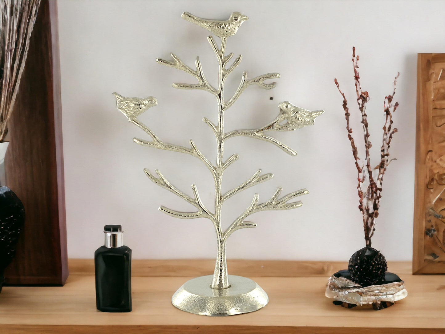 Arbre à bijoux élégant en argent avec oiseaux, organisateur de bijoux en aluminium, présentoir de branches d'oiseaux chic, support d'accessoires décoratifs en métal pour la décoration de la maison