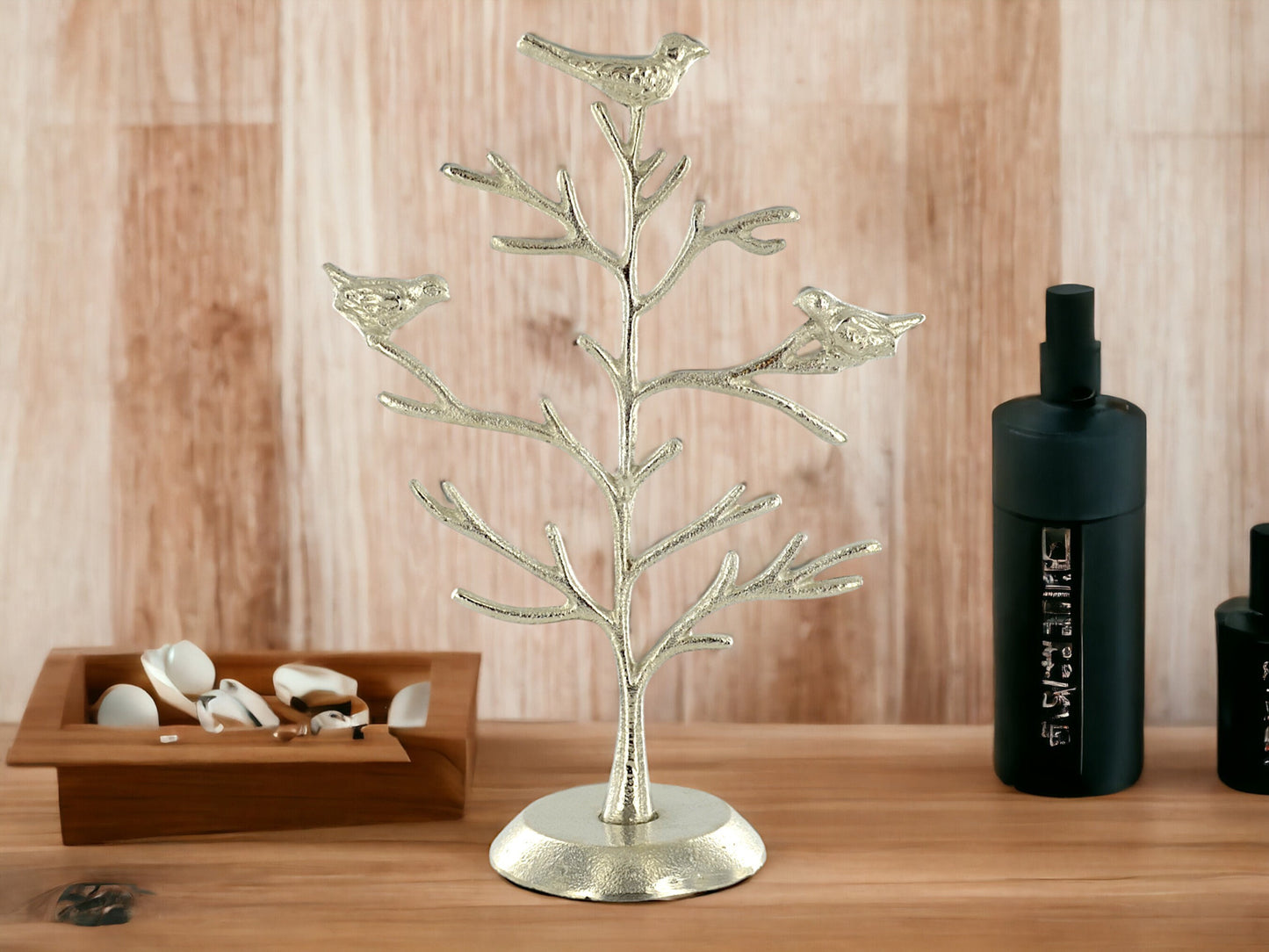 Arbre à bijoux élégant en argent avec oiseaux, organisateur de bijoux en aluminium, présentoir de branches d'oiseaux chic, support d'accessoires décoratifs en métal pour la décoration de la maison