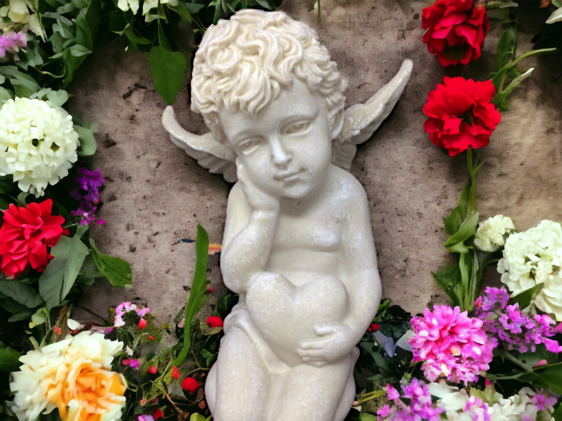 Serene Cherub Holding Heart Statue, Tranquil Memorial Angel Sculpture, Peaceful Garden Ornament, Tender Graveside Decor, Angelic Love Symbol-Osiris Craftworks