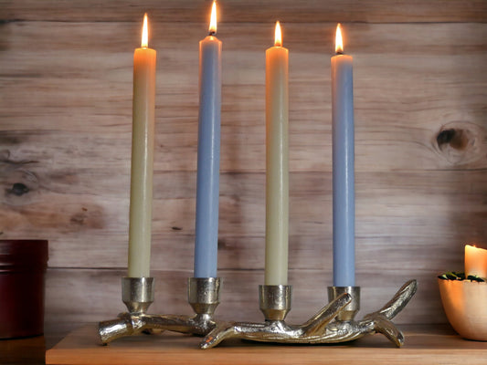 Elegant Silver Antler Candle Holder, Four Taper Metal Candlestick, Rustic Stag Deer Decor, Country Home Accent, Chic Tabletop Lighting