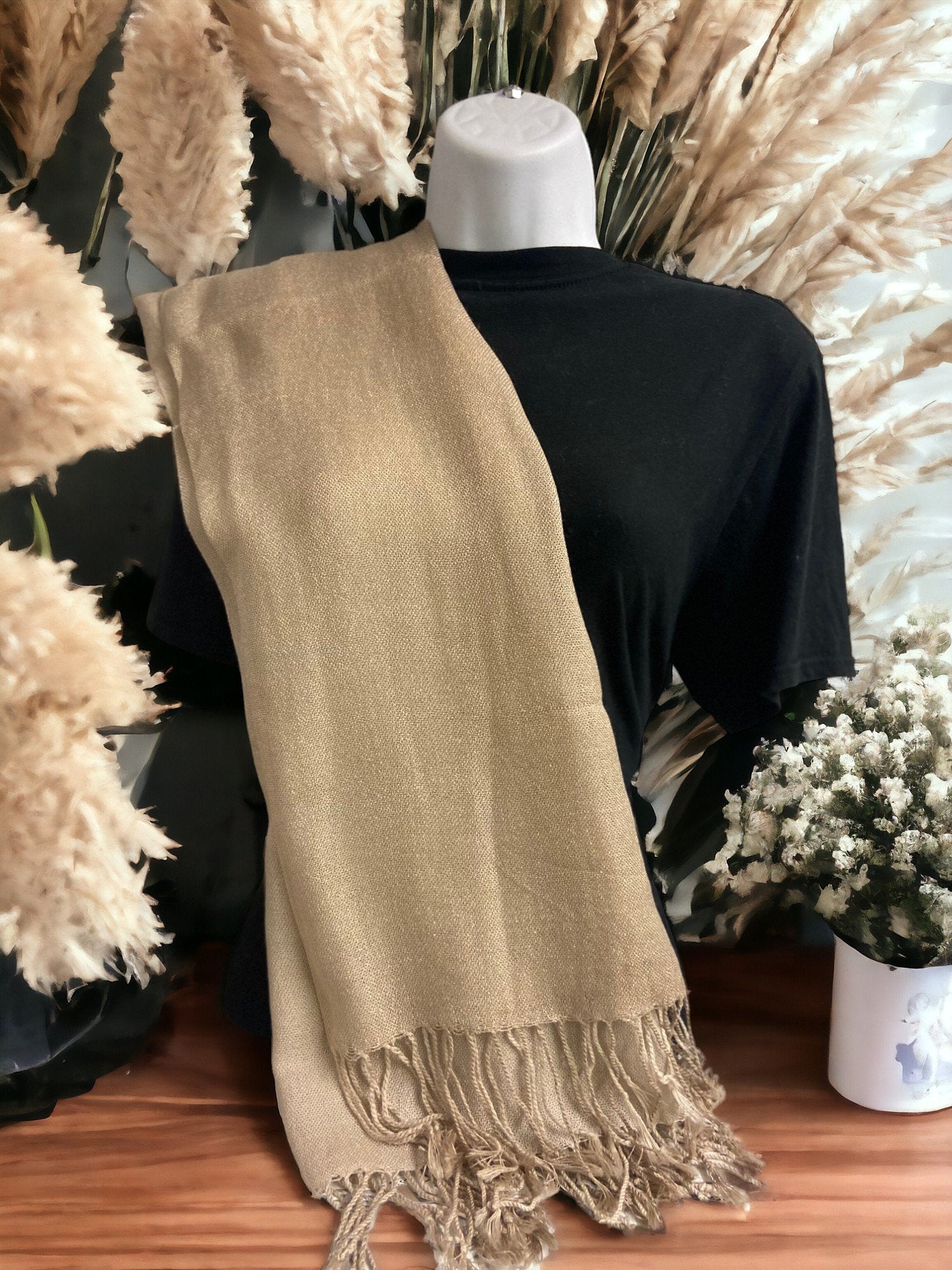 Neutral Beige Acrylic Scarf, Soft Fringed Long Wrap, Classic Solid Colour Shawl, Cosy Fashion Accessory, Versatile and Timeless Scarf-Osiris Craftworks