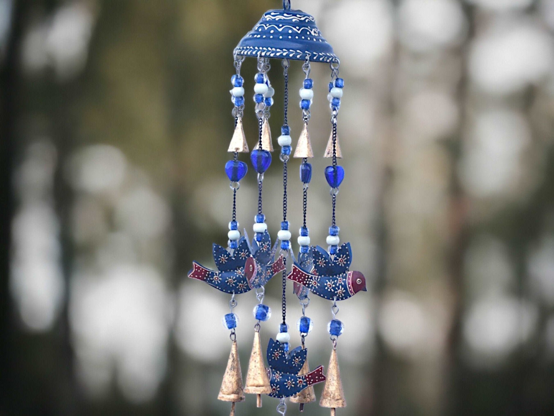 Bohemian Blue Birds and Bells Wind Chime, Enchanting Garden Melody Maker, Peaceful Patio Harmonizer, Unique Hanging Art, Home Serenity-Osiris Craftworks