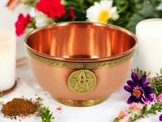 Elegant Copper Bowl with Pentagram Logo | Bronze Finish Metal | Brass Trim Detailing | Spiritual Altar Decor | Mystic Home Accent-Osiris Craftworks