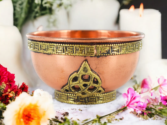 Triquetra-Embellished Copper Bowl - Handcrafted Metal Decorative Bowl, Celtic Symbol Accent, Artisanal Home Decor Piece