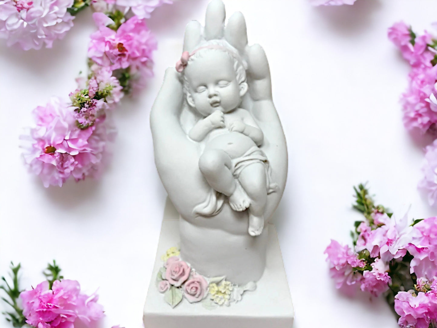 Serene Cherub Slumber in Hand Figurine, Angelic Baby Girl with Pink Roses, Peaceful Nursery Ornament, Angel Statue, Heavenly Child Keepsake-Osiris Craftworks