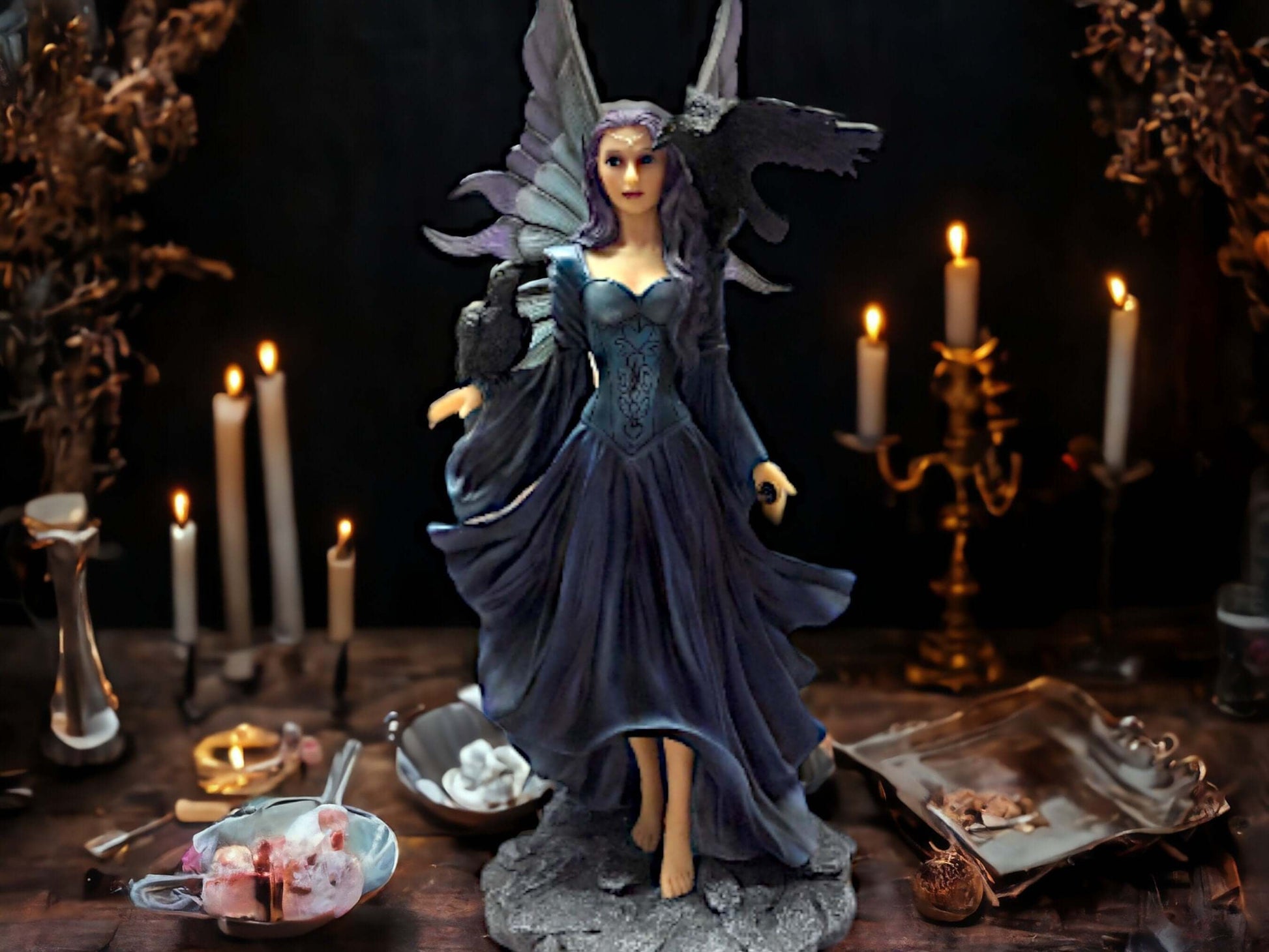 Enchanting Fairy with Ravens Statue, Mystical Gothic Companion Figurine, Fantasy Decor, Dark Elegance Figure, Mythical Creatures Ornament-Osiris Craftworks