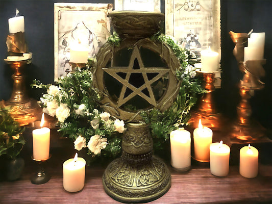 Wiccan Supplies: Antique Gold Celtic Pentagram Candle Holder for Pagan Altars-Osiris Craftworks