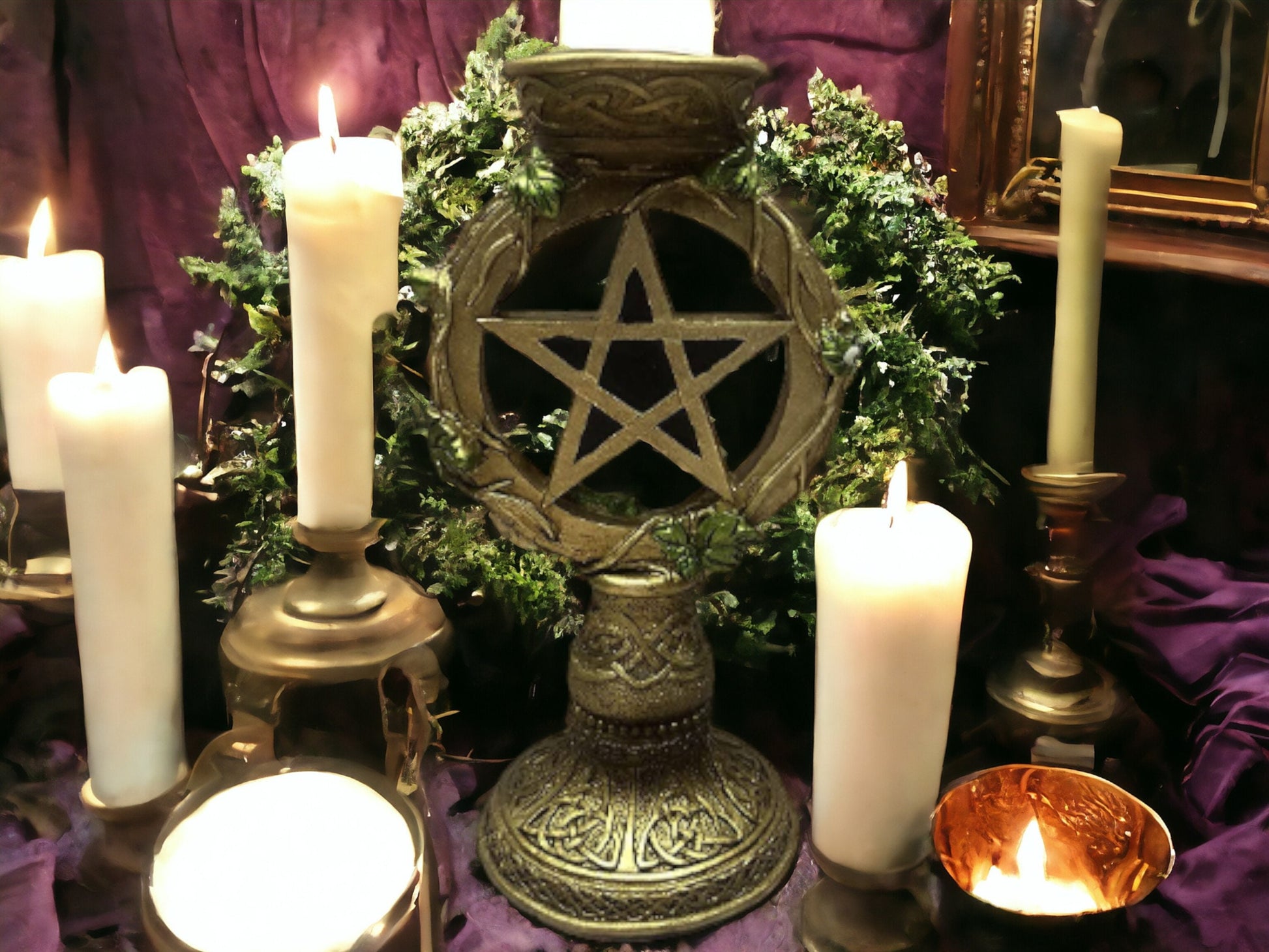 Wiccan Supplies: Antique Gold Celtic Pentagram Candle Holder for Pagan Altars-Osiris Craftworks