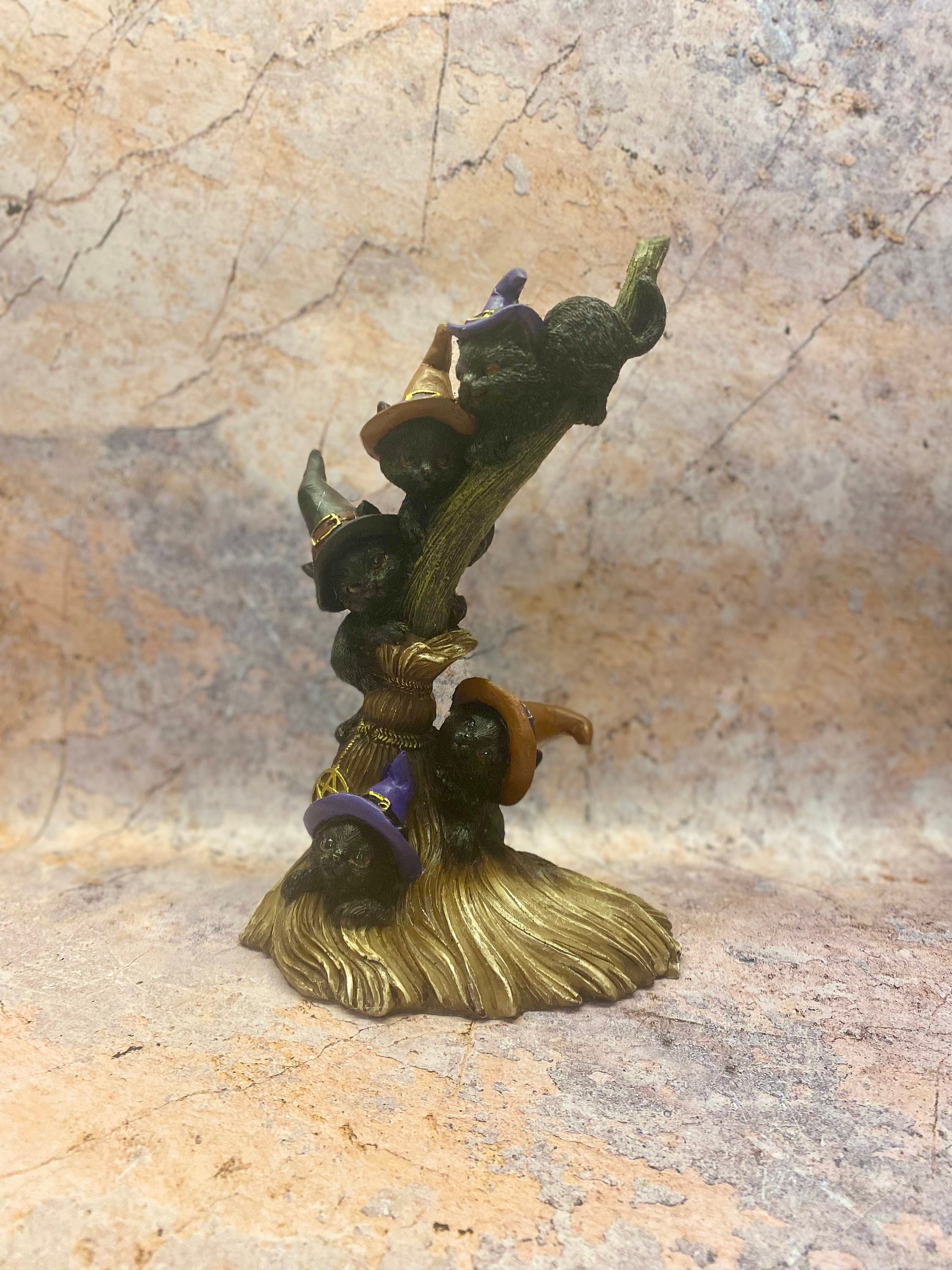 Enchanted Witchy Black Cats on Broomstick, Magical Witch Hat Kittens Figurine, Halloween Decor, Mystical Sorcerer Cats Statue-Osiris Craftworks