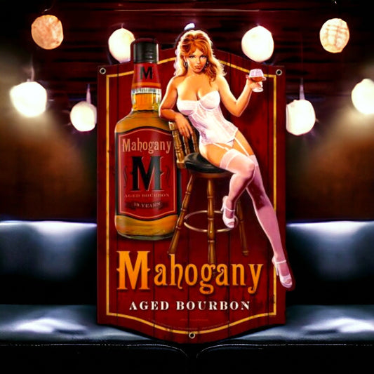 Classic 'Mahogany Bourbon' Vintage Metal Sign - Retro Pin-Up Art Decor Collectible, Ideal for Home Bar or Man Cave-Osiris Craftworks