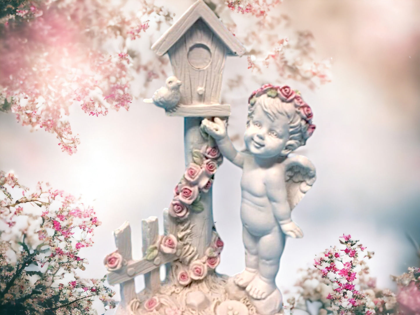 Cherub Angel Statue with Birdhouse, Handcrafted Guardian Angel Figurine, Decorative Home Accent, Unique Spiritual Peaceful Cherub Ornament-Osiris Craftworks