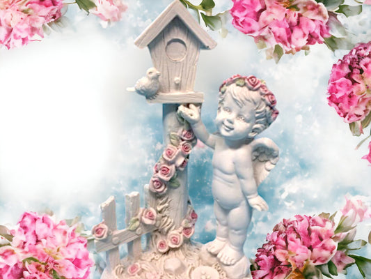 Cherub Angel Statue with Birdhouse, Handcrafted Guardian Angel Figurine, Decorative Home Accent, Unique Spiritual Peaceful Cherub Ornament-Osiris Craftworks