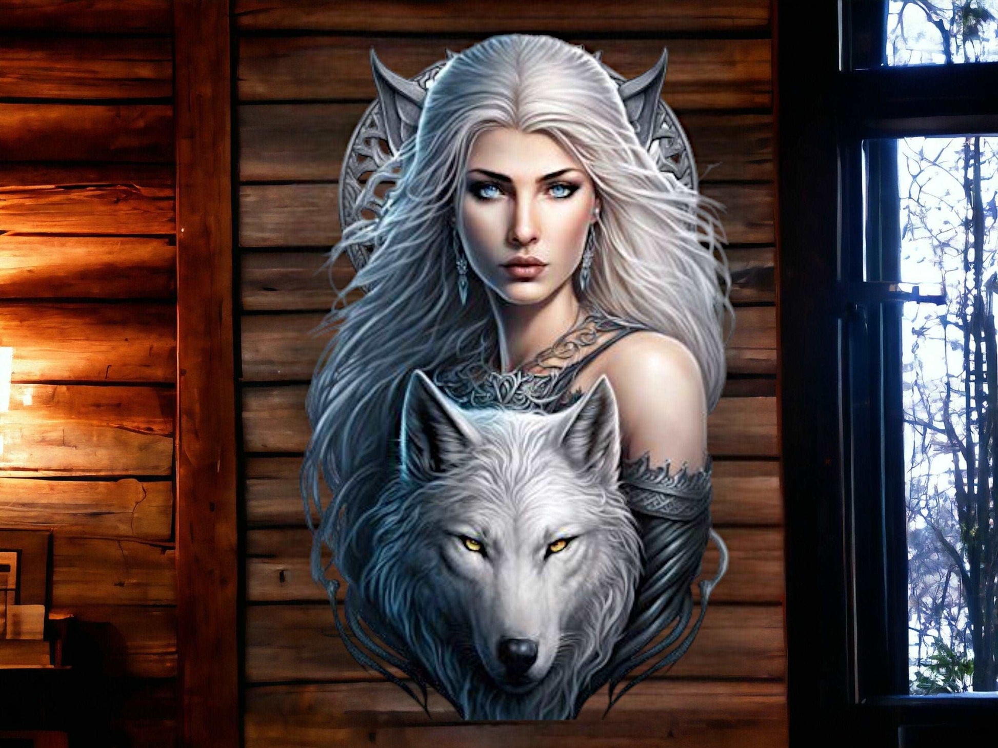 Arctic Wolf Spirit and Ice Queen Metal Wall Sign - Enchanting Northern Mythology Art, Silver-Toned Fantasy Home Decor-Osiris Craftworks