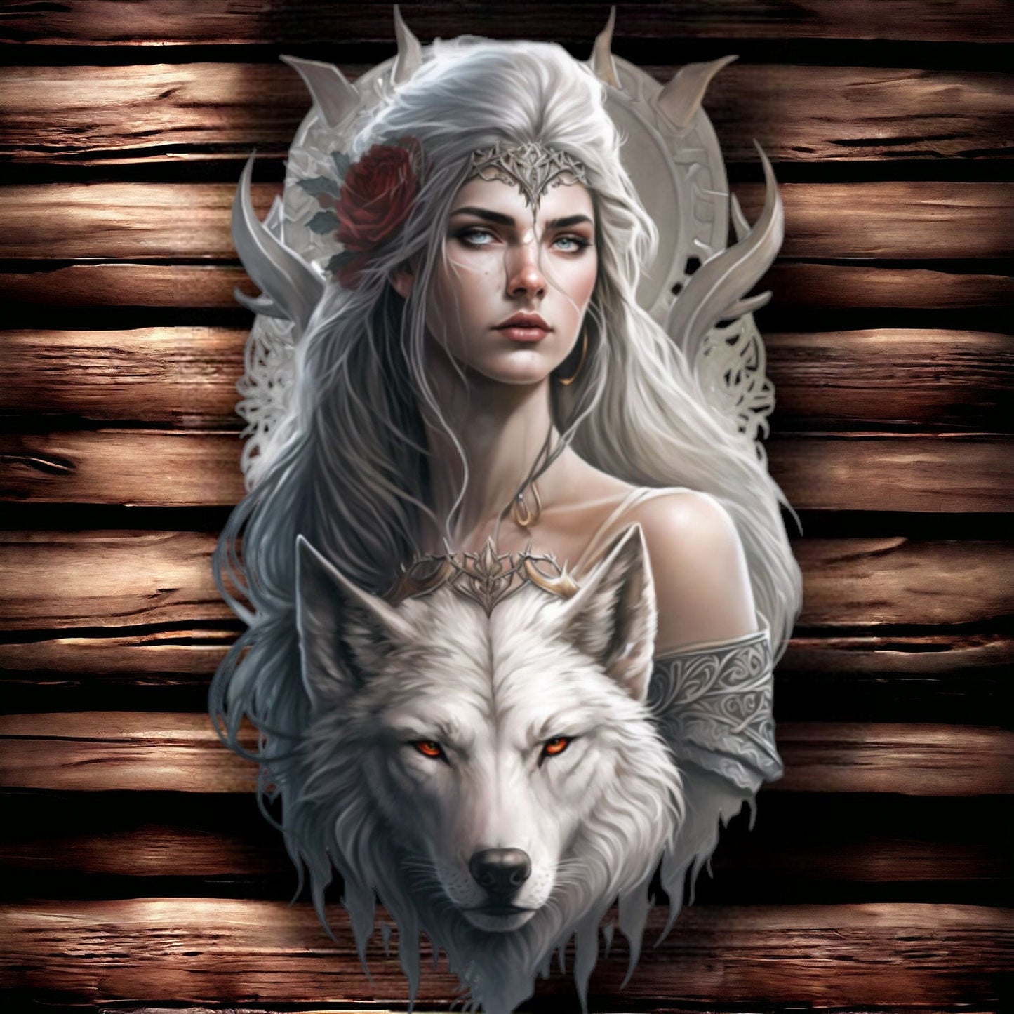 Enigmatic Wolf Queen Metal Wall Sign - Mystical White Wolf and Warrior Maiden Art, Ethereal Fantasy Home Decor-Osiris Craftworks