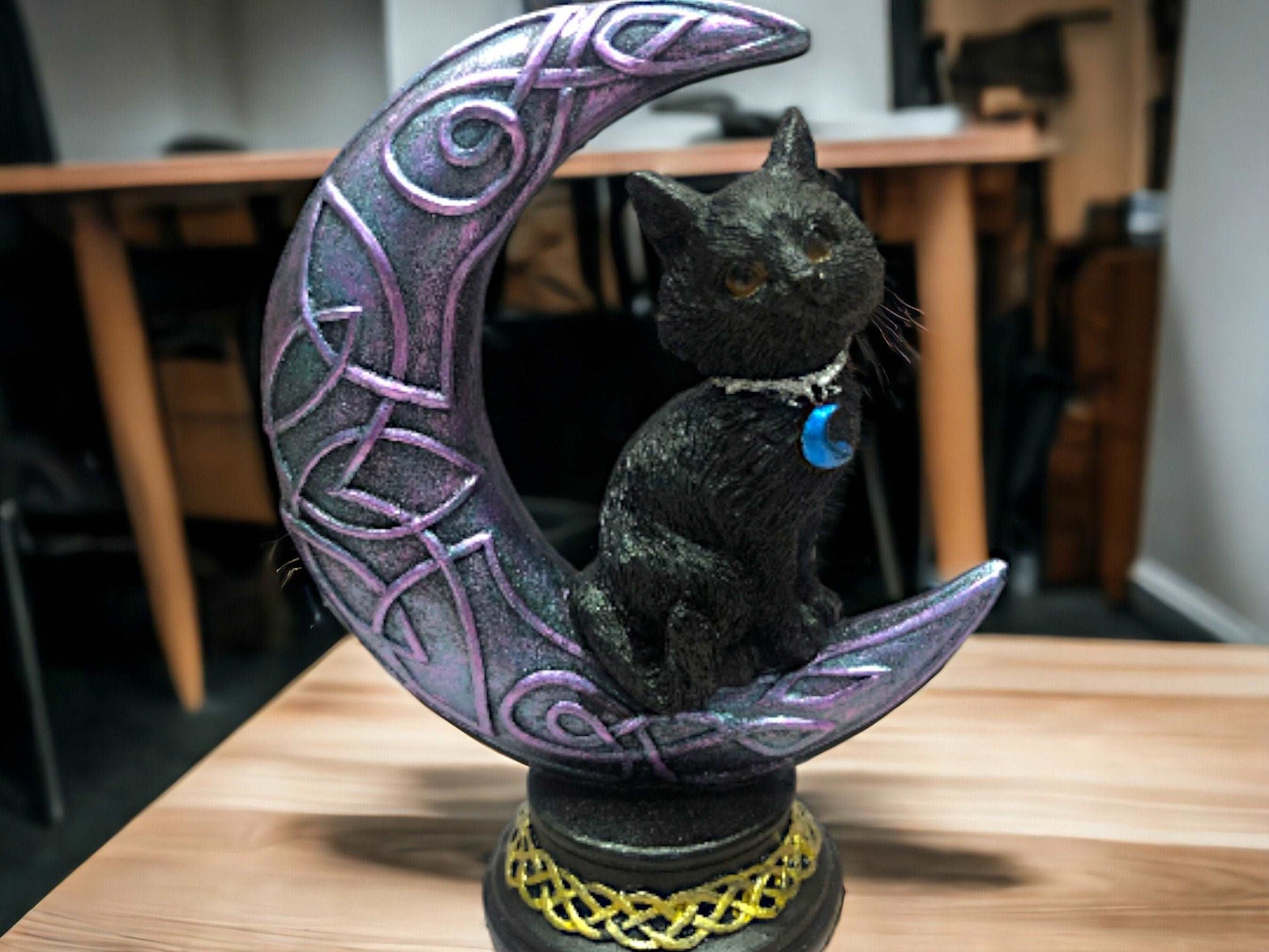 Black Cat on Celtic Moon Figurine, Witches Familiar Sculpture, Wiccan Pagan Decor, Witchcraft Spellcast Ornament, Mystical Art, Magical Gift-Osiris Craftworks