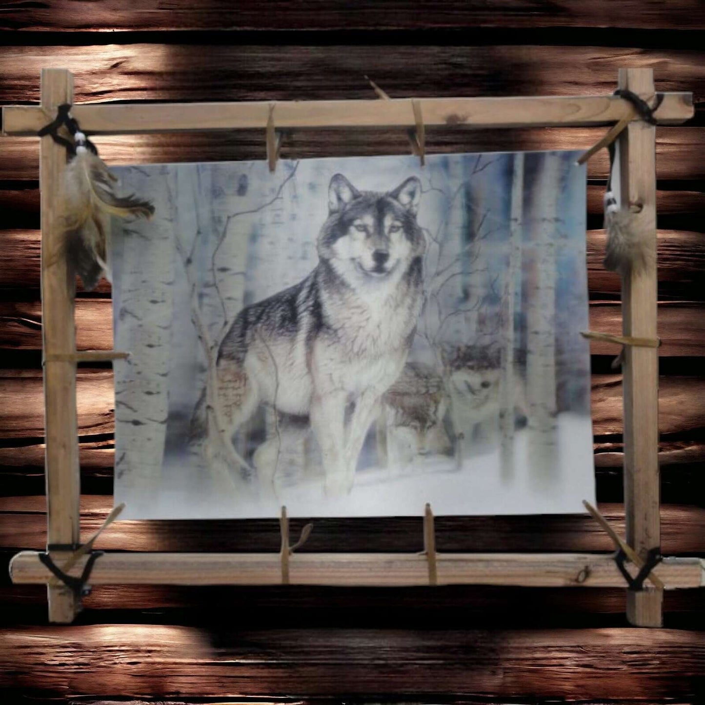 Rustic Timber Wolf Canvas Art with Beads and Feathers - Handcrafted Wood Frame Wall Decor, Nature-Inspired Wildlife Print, Native American