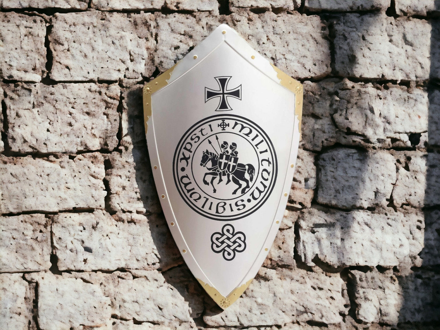 Knight Templar Metal Shield Wall Decor - Handcrafted Medieval Crusader Symbol, Artisan Painted Collectible, Historical Inspired Art, 70x39cm-Osiris Craftworks