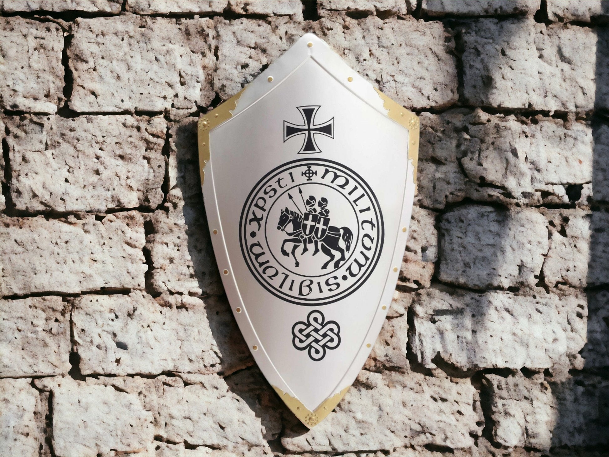 Knight Templar Metal Shield Wall Decor - Handcrafted Medieval Crusader Symbol, Artisan Painted Collectible, Historical Inspired Art, 70x39cm-Osiris Craftworks