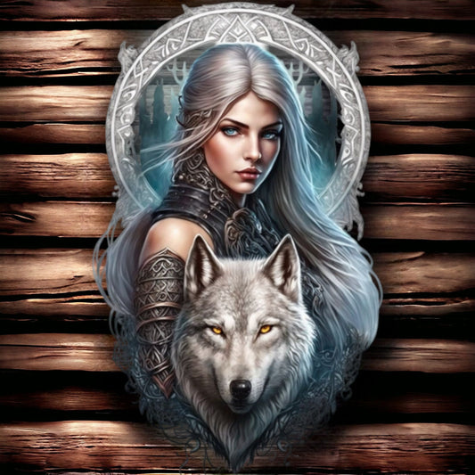 Enchanted Forest Sentinel Metal Wall Sign - Mystical Wolf and Warrior Woman Art, Ethereal Fantasy Realm Decor-Osiris Craftworks