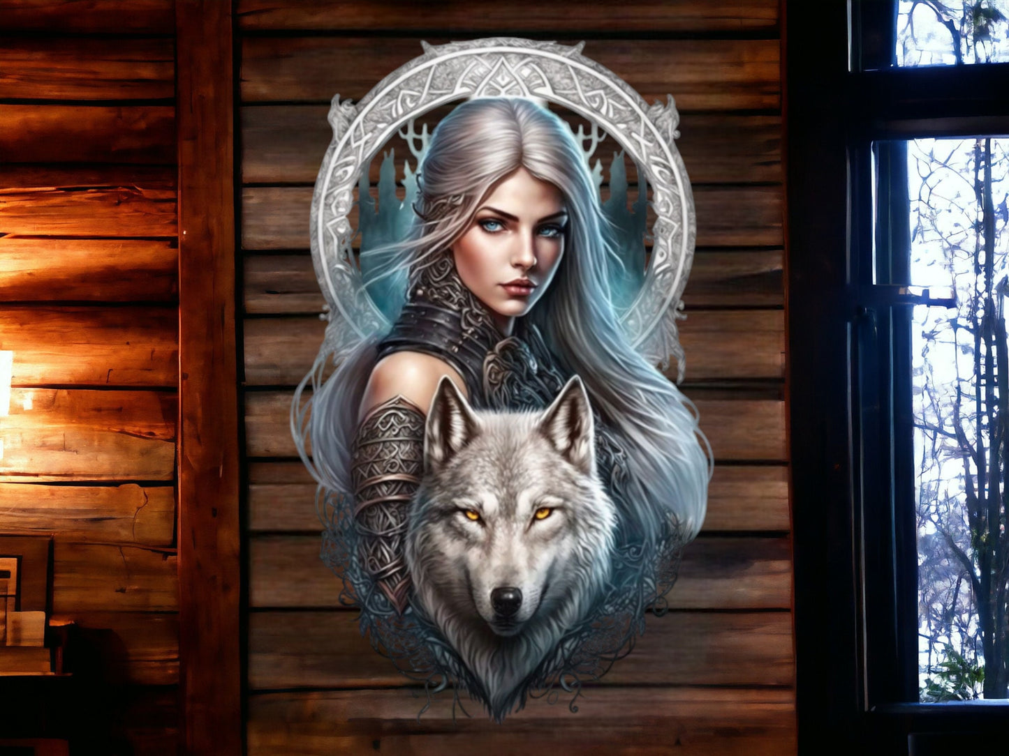 Enchanted Forest Sentinel Metal Wall Sign - Mystical Wolf and Warrior Woman Art, Ethereal Fantasy Realm Decor-Osiris Craftworks