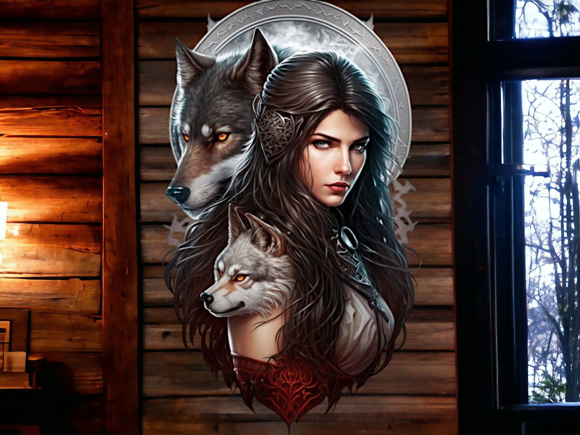 Majestic Wolf and Warrior Woman Metal Wall Sign - Intricate Fantasy Art Decor - 48x29cm - Powerful and Mystical Home Accent-Osiris Craftworks