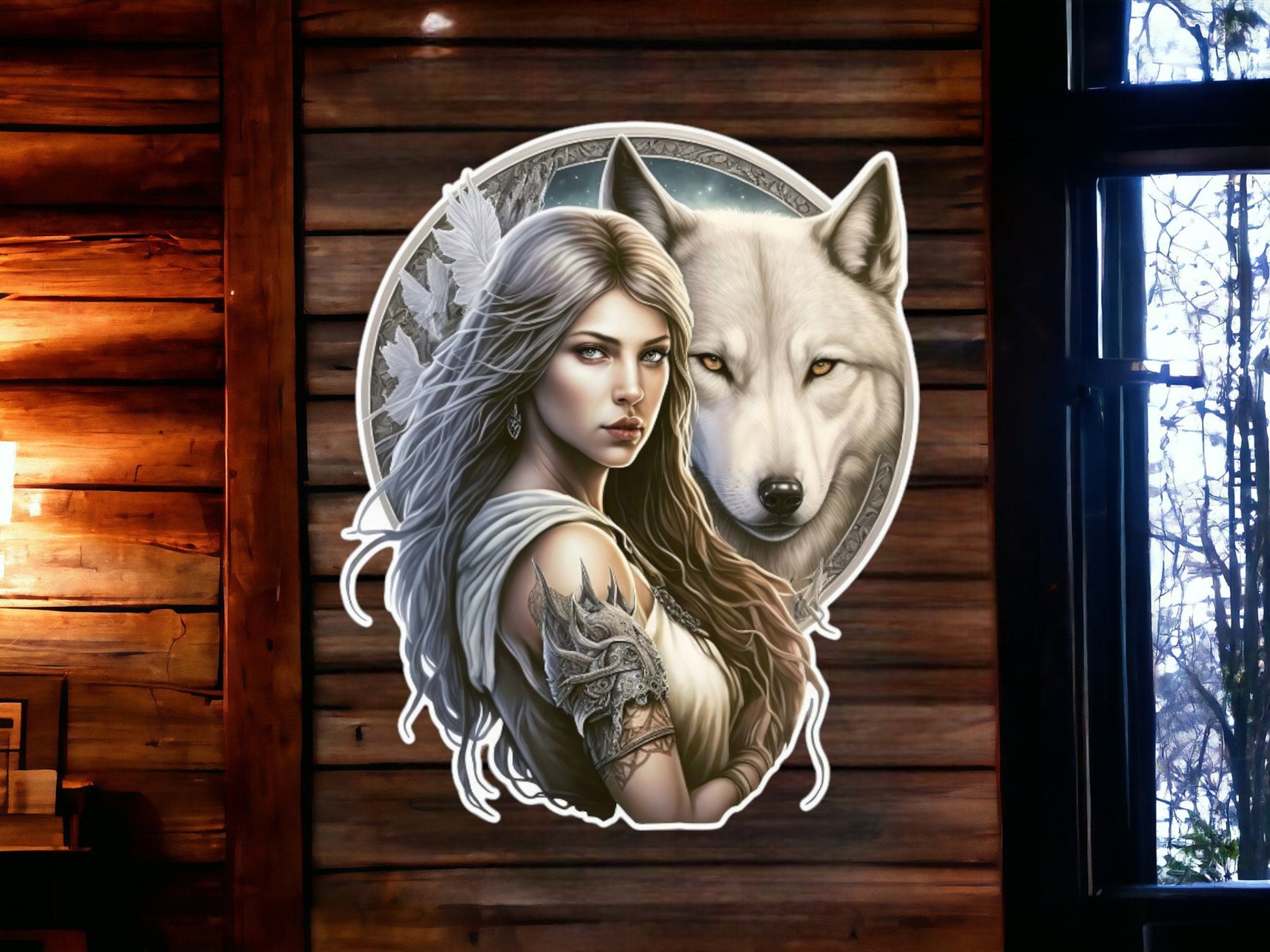 Enchanting Wolf & Warrior Woman Wall Art - Mystical White Wolf Guardian Decor - Ethereal Female Spirit Metal Wall Sign - Fantasy Home Decor-Osiris Craftworks