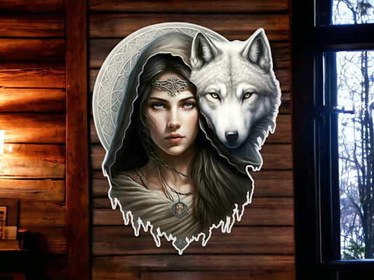 Vintage Wolf and Warrior Princess Metal Wall Sign - Rustic Fantasy Art Decor - Mythical Home Accent - Handcrafted Metalwork-Osiris Craftworks